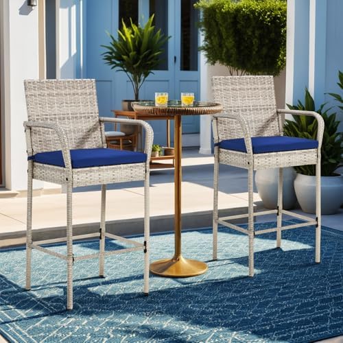 ECOTOUGE Set of 2 Patio Rattan Barstools, All-Weather Wicker Bar Height Chairs with Armrest & Backrest, Soft Cushion, Footrests, Outdoor Furniture for Backyard, Pool, Garden, Grey