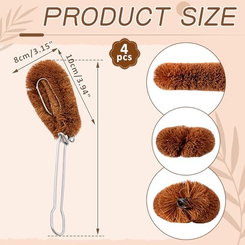 Sawysine Tawashi 100% Natural Coconut Coir Fiber Brush with Handle, 4 Vegetable Scrub Brush Heads Ideal for Fruit Veggie Scrub Wash, Kitchen Cleaning Needs, Pan Pot Glassware Cookware, Japanese Design