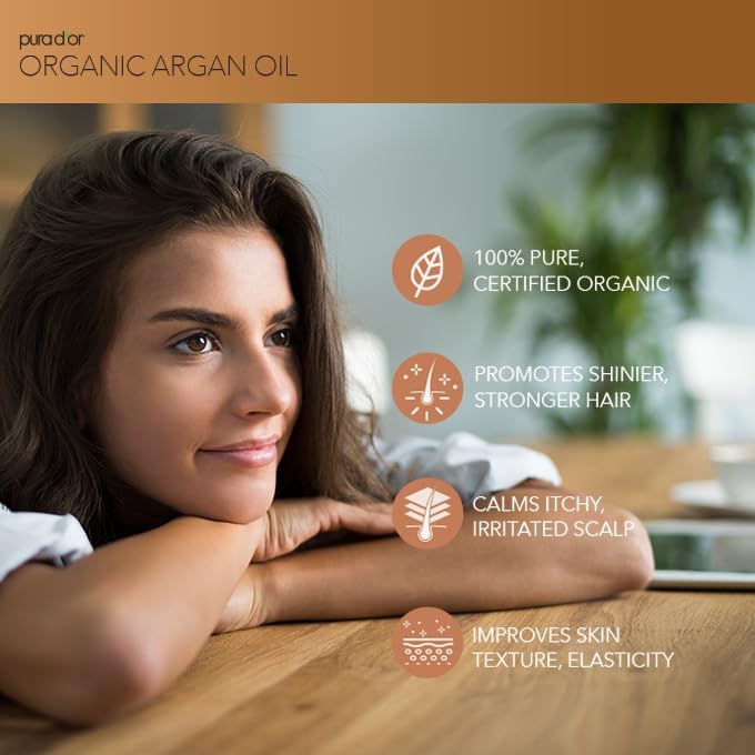 PURA D'OR 4 Oz Organic Moroccan Argan Oil – 100% Pure Cold-Pressed Virgin Grade – Lightweight Moisturizer for Skin, Face, Body & Hair Relaxer – Helps Dry Skin, Scalp Care, Split Ends, Nails & Cuticles