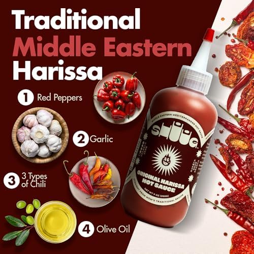 SHUUG Harissa Sauce (9oz) | Hot & Spicy Red Pepper Flavor | Middle Eastern Harissa Paste Sauce with Dried Chilis, Lemon & Garlic | Vegan, Non-GMO, Kosher | Flavor Cooking, Dipping & Marinades | 9oz
