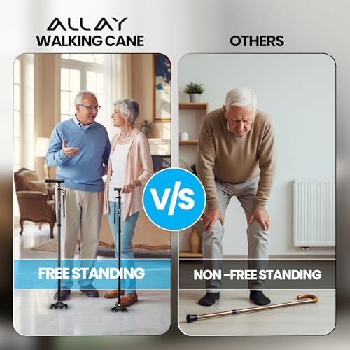 Allay Walking Canes for Men & Women - Adjustable Canes for Women for Stability, Self Standing Wide Quad Pivot Base, Light Weight, Soft Handle Grip and Travel Bag, Walking Sticks for Seniors & Adults