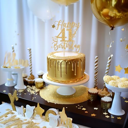 Happy 41st Birthday Cake Topper, 41st Birthday Decorations, Cheers to 41 Years, Hello 41, 41st Happy Birthday Party Supplies Gold Glitter