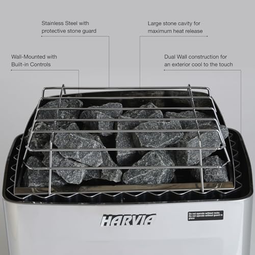 Harvia KIP Sauna Heater, Wall Mounted Electric Sauna Stove, Stainless Steel 220v Heater with Sauna Stones Included, Large Stone Cavity for Maximum Heat Release (6kW - Dials)