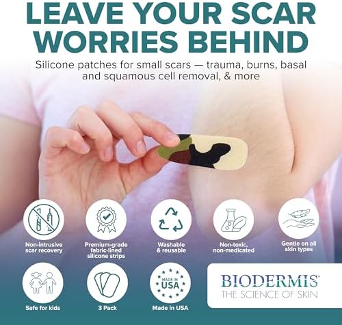 EpiDerm Silicone Gel Scar Small Strips - Premium Fabric-Lined Silicone Scar Sheets for Small Scars - Non-Medicated, Washable & Reusable Scar Tape - Gentle on All Skin Types - 3-Pack, Camo Green