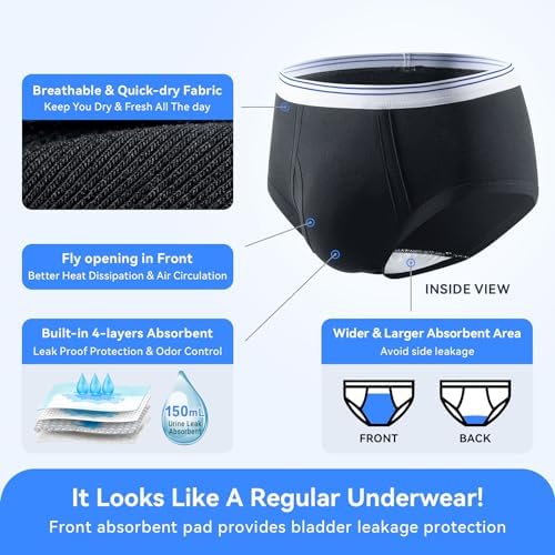 Carer Mens Incontinence Underwear Washable 3 Pack Cotton Reusable Incontinence Boxers Briefs for Men Built in Cotton Pad for Bladder Leakage 150ML, X-Large