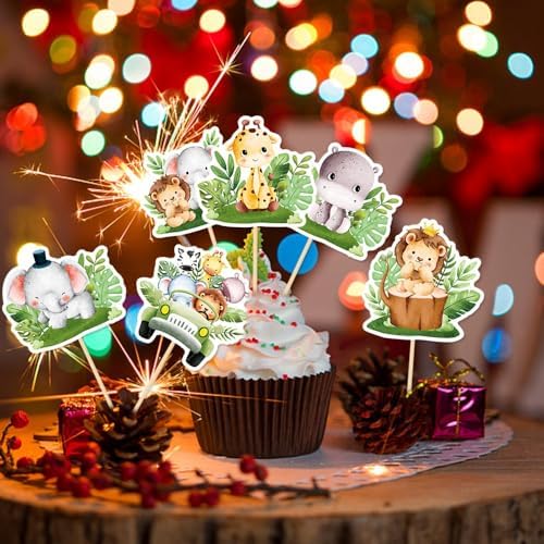 Safari Cupcake Toppers,24 PCS Safari Cake Topper,Safari Animal Cupcake Toppers,Safari Cake Decorations,Safari Baby Shower Decorations