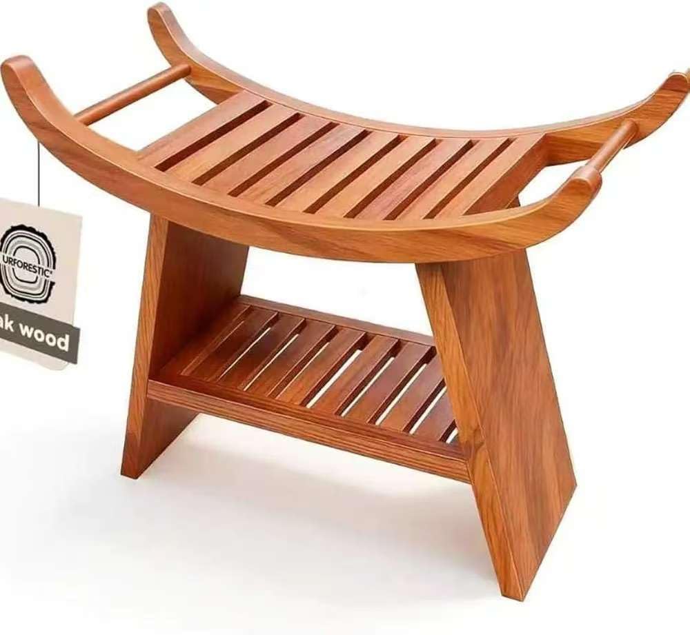 23" Teak Shower Bench Teak Shower Stool Curved Seat,Wooden Stool for Bathroom,Teak Wood Shower Seat Chair with Shower Storage Shelf,Hold Up to 500 LBS