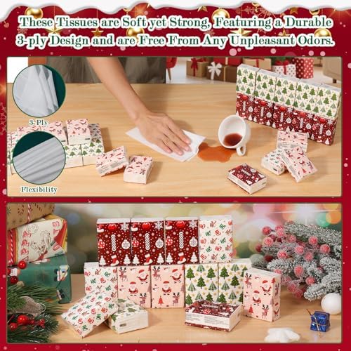 40 Pack Christmas Pocket Tissues 3 Ply Mini Travel Facial Tissues with 4 Festive Designs, Merry Christmas Individual Tissues Packs for Holiday Party Favors, Stocking Stuffers, Xmas Gifts Bulk