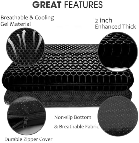 Gel Seat Cushion for Long Sitting, Extra Thick Gel Cushion for Wheelchair Soft Chair Pads for Office Home Chairs Car Seats Long Trips - Back Sciatica Hip Tailbone Pain Relief Cushion (Black)