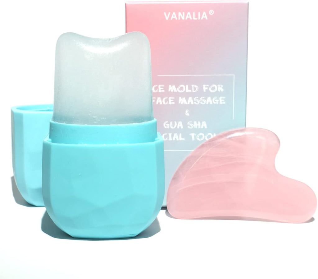Ice Roller for Face and Eye, Gua Sha Facial Massage, Beauty Set with Silicone Ice Mold (Blue)
