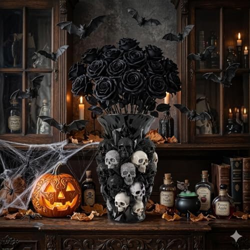 Gothic Vase Skull Planter, 5.9inch Resin Skeleton Vase for Goth Home Decor, Decorative Flower Pot for Red & Black Roses Fresh Or Dried Blooms, Spooky Halloween Accessories Gothic Gift