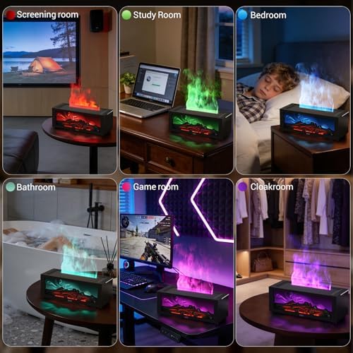 Fireplace Humidifier & Essential Oil Diffuser with Remote Control, 150ml Ultrasonic Aroma Diffuser, Realistic Flame Effect, 7-Color LED Night Light, Timer & Auto Shut-Off, for Bedroom/Home (Black)