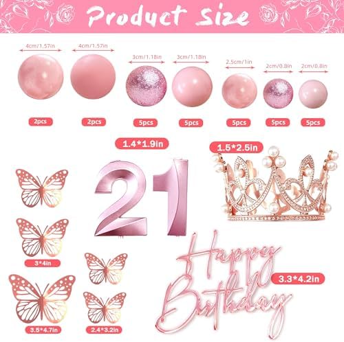 21st Birthday Cake Topper Set, Rose Gold Balls Cake Toppers with Happy Birthday Crown Tiara, Numeral 21 Candle and Birthday Candles for 21 Birthday Party Decorations (21st)
