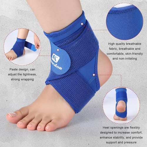 Honoson 2 Pcs Ankle Brace Kids Ankle Support for Sport Sprained Neoprene Breathable Compression Sleeve with Adjustable Wrap for Youth Child Boy Girl Plantar Fasciitis Achilles Tendonitis(Blue,S)