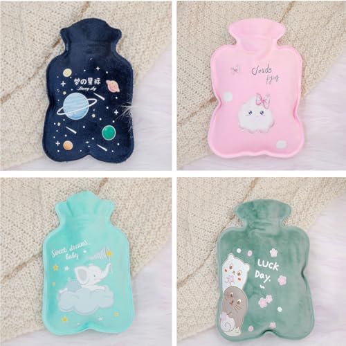 500ML Hot Water Bottle, Mini Hot Water Bag for Hot Compress, Cute Soft Fluffy Hot Bag for Pain Relief, Menstrual Cramps, Neck Shoulder, Hot Water Hand Warmer for Kids & Adults (4 Patterned Set)