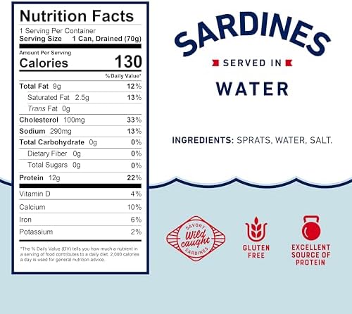 Beach Cliff Sardines in Water, 3.75 oz Can (Pack of 12) - Wild Caught Sardines - 12g Protein per Serving - Gluten Free, Keto Friendly