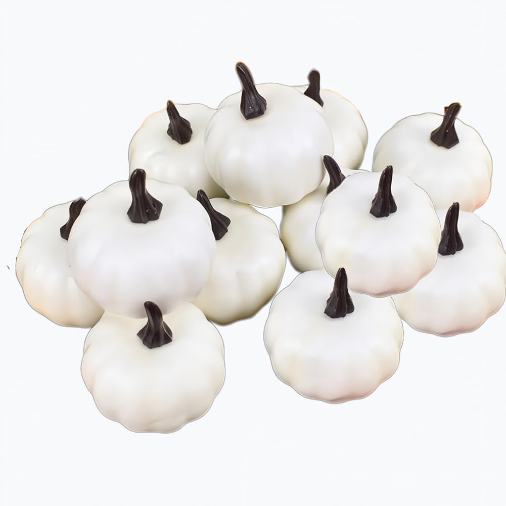 Artificial Lifelike Pumpkin 12PCS Small Fake Foam Pumpkin Artificial Vegetables for Fall Harvest Decor, Home Garden, Thanksgiving, Halloween Decoration(White)