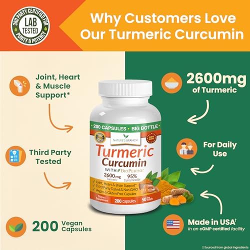 Turmeric Curcumin Supplement 2600mg | Organic Turmeric Powder - 95% Curcuminoids, 200 Capsules - Extra Strength for Joint Support with Black Pepper - High Absorption, BioPerine Extract, Vegan Pills