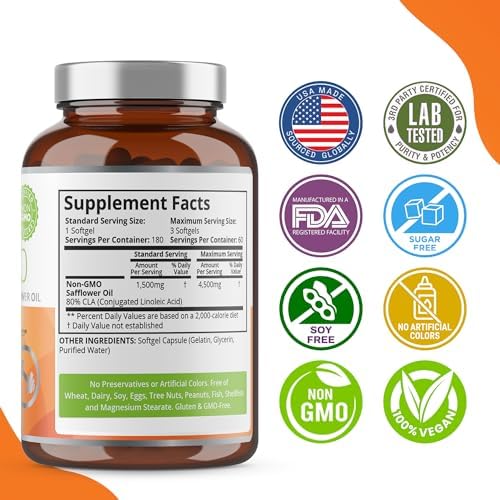 Purity Labs CLA Supplements 4500MG - Non-GMO Safflower Oil - Supports Energy, Weight Loss, Heart Health, and Muscle Health - 180 Soft gels