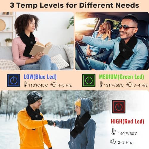 Heated Neck Wrap with 5000mAh Power Bank, Heating Pad Cordless with 3 Heating Levels, Portable Neck Warmer for Neck Pain Relief and Stiffness, Rechargeable Heated Scarf for Outdoor & Office, Black