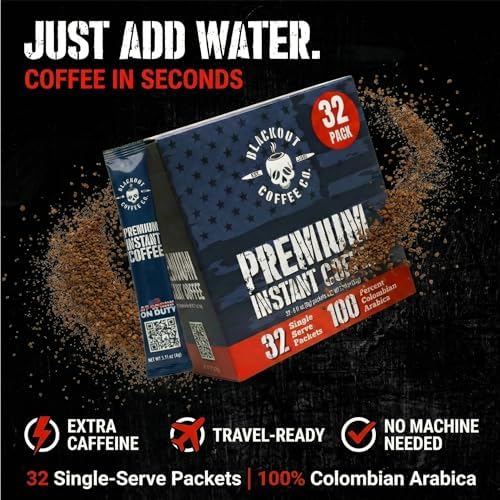 Blackout Coffee Colombian Arabica Instant Coffee – Medium Roast, Strong Aromatic, Single Serve Packets – Premium Quality 32 Count.