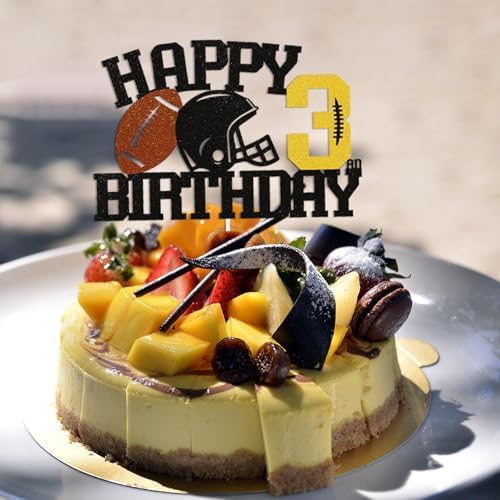 Football Happy 3rd Birthday Cake Topper - Football Sports Theme Birthday Party Decorations for Boys, Three Years Old Birthday Party Supplies Black Glitter