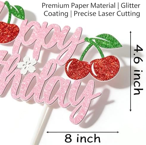 Pink Glitter Cherry Happy Birthday Cake Topper Party Decorations for Kids Baby Showers, Cherry Themed Parties Happy Birthday Celebrations for Cake Decor Enthusiasts