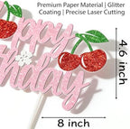 Pink Glitter Cherry Happy Birthday Cake Topper Party Decorations for Kids Baby Showers, Cherry Themed Parties Happy Birthday Celebrations for Cake Decor Enthusiasts