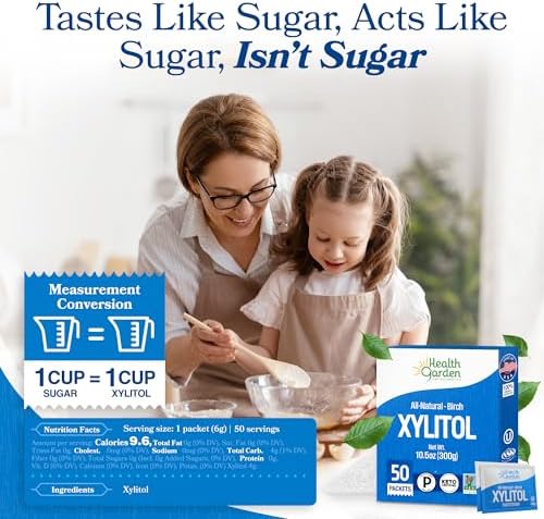 Health Garden Birch Xylitol Sweetener, 50 Packets – 100% Birch-Derived Xylitol Sugar Substitute for Baking & Coffee, 1:1 Sugar Replacement, Supports Teeth, Keto, Vegan, Non-GMO