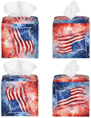 Tissue Box Cover America USA Flag 4th of July Square PU Leather Tissue Box Holder for Car Bathroom Bedroom Desk Tabletop Decor