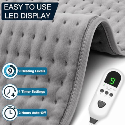 Heating Pad for Back Pain & Period Cramps Relief, 9 Heat Settings Electric Heating Pad for Neck & Shoulder, Auto Shut Off, Soft Machine Wash Fabric, Gifts for Mom, Women, 12''x24'', Gray