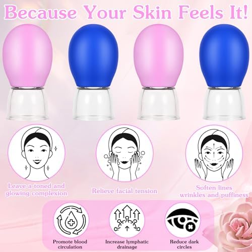 4Pcs Facial Cupping Therapy Set, Silicone Face Cupping Tool Eye Face Vacuum Massage Anti Cellulite Cup Vacuum Suction Cups for Body Fascia Massage