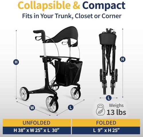AMiNA Carbon Fiber Rollator Walker with Seat, Black - Ultra Lightweight Foldable Walker with Wheels, Hand Brakes and Removable Basket, 440 lb Capacity, Compact Mobility Aid for Seniors and Adults