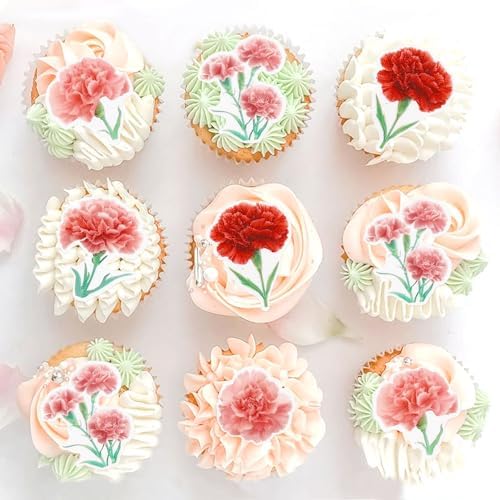 50Pcs Edible Carnation Cupcake Toppers Edible Pink Red Carnations Flower Cupcake Picks for Floral Women Birthday Cupcake Picks Anniversary Party Decorations Floral Mother's Day Cupcake Decorations