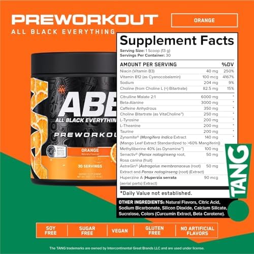 All Black Everything Pre-Workout Powder | Preworkout Energy Drink Mix | 350mg Caffeine | Beta Alanine & Citrulline | Energy Supplement for Men & Women | Tang Orange | 30 Servings