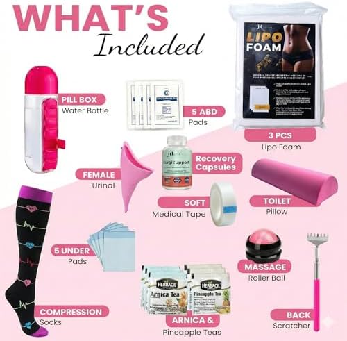 BBL Essentials Kit (28-Piece Recovery Set) with SurgiSupport – Post Surgery Supplies with Toilet Pillow, Lipo Foam, ABD Pads, Scar Gel, Compression Socks, Arnica & Pineapple Teas