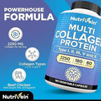 Nutrivein Premium Multi Collagen Pills 2250 mg - 180 Easy-to-Swallow Collagen Capsules: Type I, II, III, V, X Hydrolyzed Protein Peptides for Women and Men - Aging, Joints, Hair, Skin, Bones, & Nails