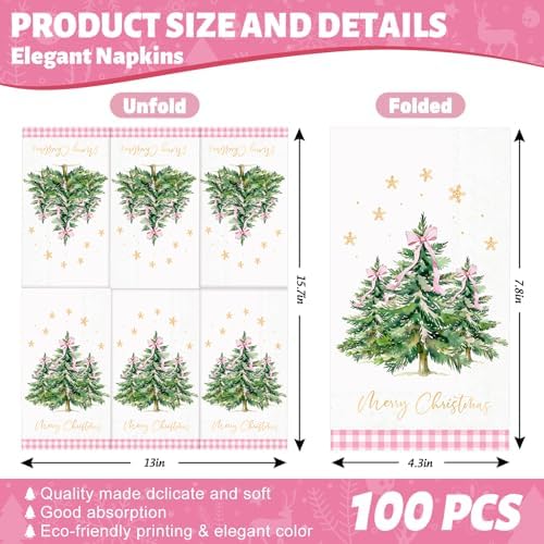 Whaline 100Pcs Christmas Guest Napkin Pink Bow Xmas Tree Disposable Paper Napkins Gold Foil Snowflake Dinner Hand Napkins for Party Table Supplies