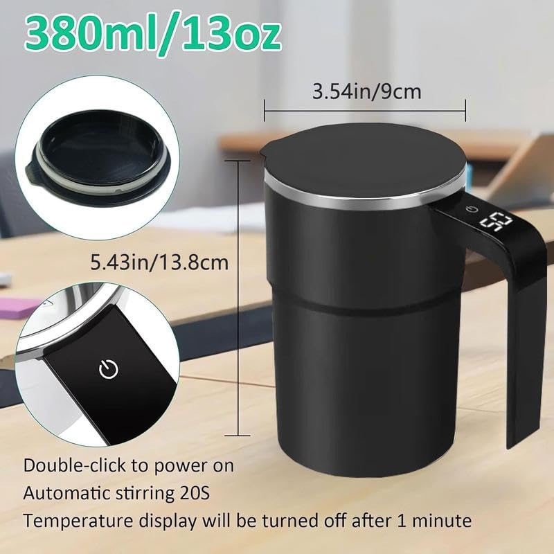 380ML Magnetic Stirring Coffee Mug, Rechargeable 150mah Automatic Mixer Cup, Stainless Steel Travel Mug with Digital Display (Black)