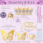 AMZVALU Crown Cake Topper, Purple & Gold Crown Balls Happy Birthday Cake Toppers Candles Butterfly, Corona Para Pastel, Crown Cake Decorations for Women Queen Princess (Gold, Moonlight Purple)