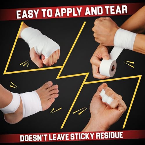 White Athletic Tape Extremely Strong: 3 Rolls + 1 Finger Roll. Easy to Apply & No Residue. Sports Tape Athletic for Boxing Football Climbing or Gymnastics for Wrist Ankle & Hand Protection