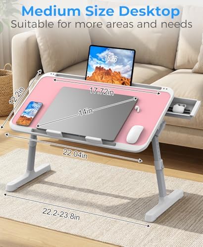 HETTHI Laptop Bed Tray Table, Adjustable Sturdy Laptop Stand for Bed with Premium Materials, Folding Portable Lap Desk with Drawer for Writing Working Reading Eating Couch Floor (Pink, 22.04"×12.2")