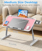 HETTHI Laptop Bed Tray Table, Adjustable Sturdy Laptop Stand for Bed with Premium Materials, Folding Portable Lap Desk with Drawer for Writing Working Reading Eating Couch Floor (Pink, 22.04"×12.2")