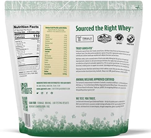 AGN Roots Grass Fed Whey Protein Powder Isolate - Unflavored - Unsweetened - Certified Entire Life On Pasture - A Greener World - ASPCA Registered Brand List - Informed-Sport - 3lbs