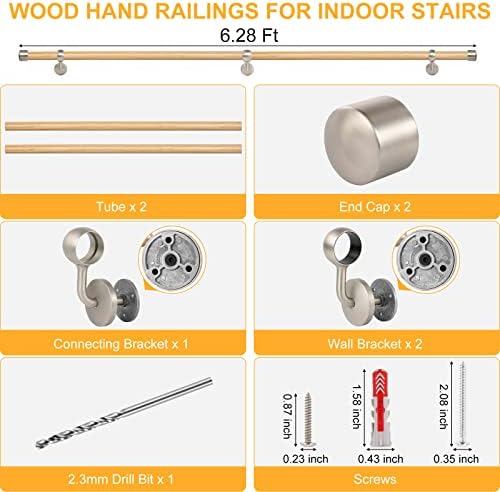 ROTHLEY Pipe Handrails for Indoor Stairs: 6.6FT Stair Railing Wood Hand Railings for Stairs Indoor Wall Mount Stair Handrail 1.6" Round Wooden Stair Railing for Elderly & Kids (Pine)