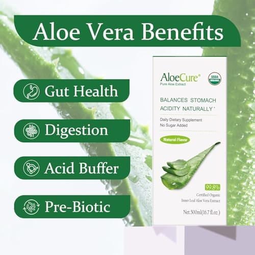 AloeCure USDA Organic Aloe Vera Juice Made Within 12 Hrs of Harvest - Pure Aloe Juice Natural Digestive Supplement to Support Digestion, Immune System and Balanced Stomach Acidity, 500ml Bottle