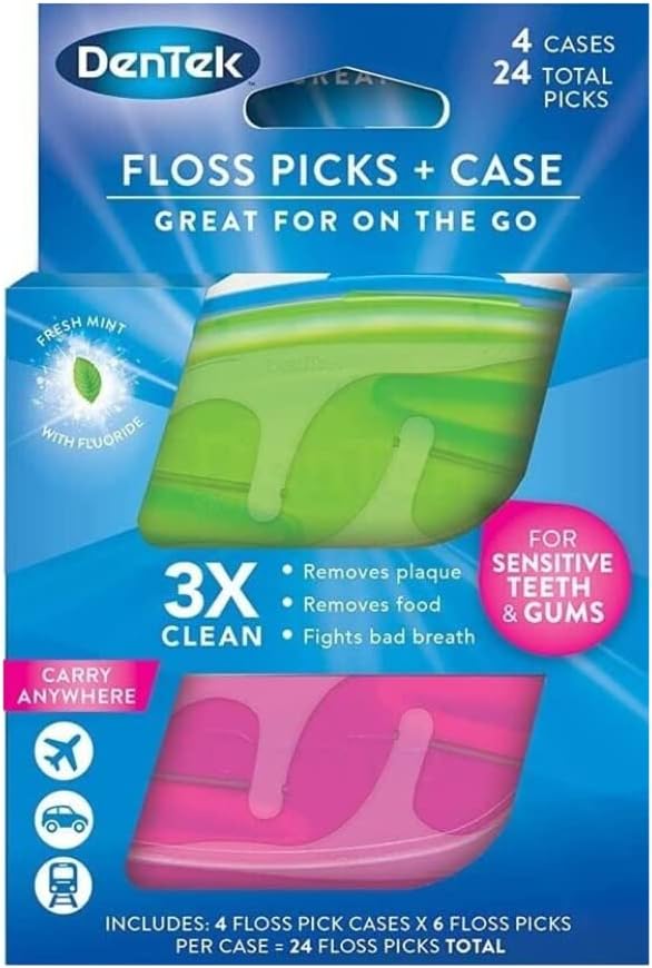 DenTek Floss Picks & Travel Case for On-The-Go, 4 Travel Cases with 6 Floss Picks Each, (Pack of 1)