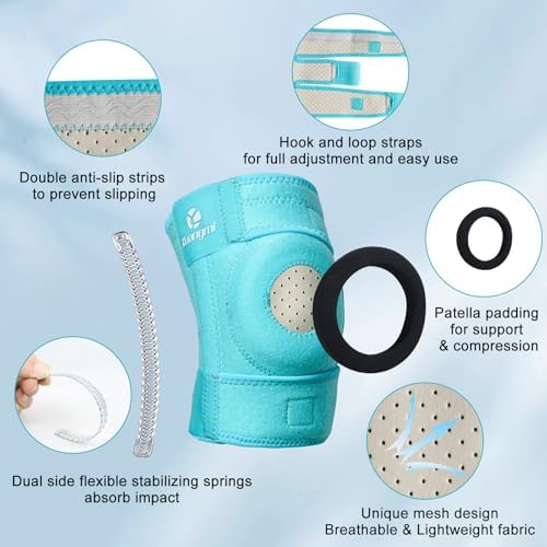 Kuangmi Knee Brace with Side Stabilizers & Patella Gel Pad,Adjustable Compression Knee Support with Arthritis Relief,Injury Recovery,Running,Weightlifting,Climbing(Blue,2-Springs,L/XL