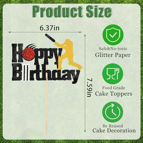 Cricket Happy Birthday Cake Toppers, Black Glitter Cricket Sports Theme Cake Decorations Suitable for Cricket Player Party, Birthday Party Cake Decoration Supplies
