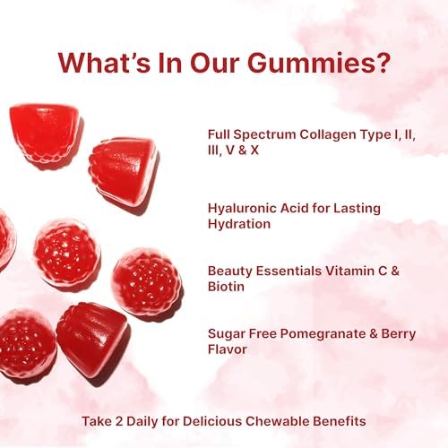 Micro Ingredients Multi Collagen Peptides, 120 Collagen Gummies | Type I,II,III,V,X Protein with Biotin, Hyaluronic Acid, & Vitamin C Complex | Pomegranate & Berry Flavored | Sugar Free, Non-GMO